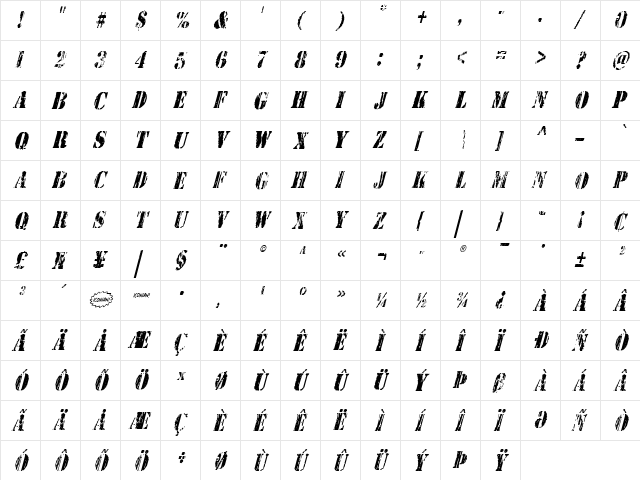 Wetworks Condensed Italic Condensed Italic  glyph index