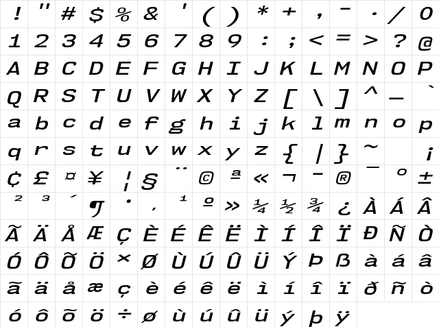 NK57 Monospace Expanded SemiBold Italic  glyph index