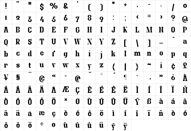 Granite Regular  glyph index