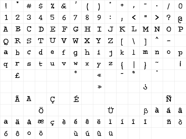 Sweeep Regular  glyph index