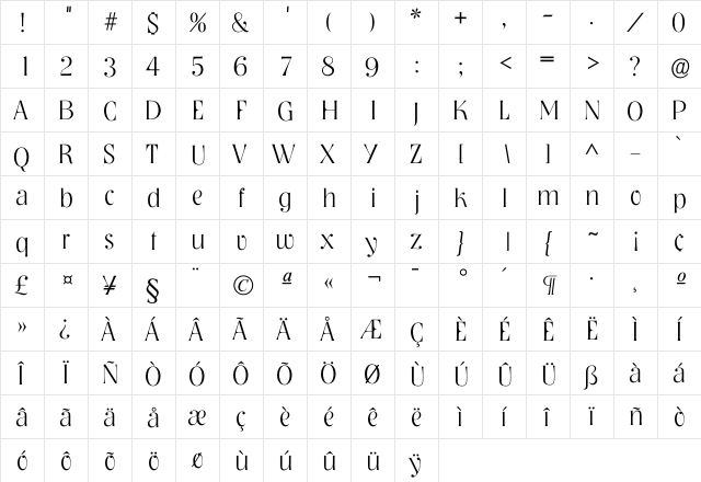 Nashvi Xlight  glyph index