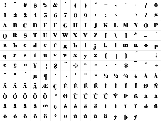 Bodoni Becker Stencil Bold Regular  glyph index