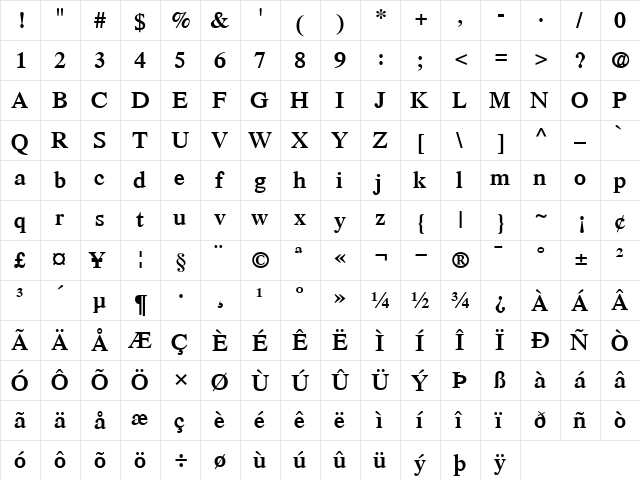 Times-SemiBold Semi Bold  glyph index