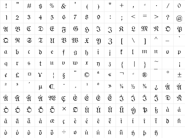 Wittenberger Frakt MT Regular  glyph index