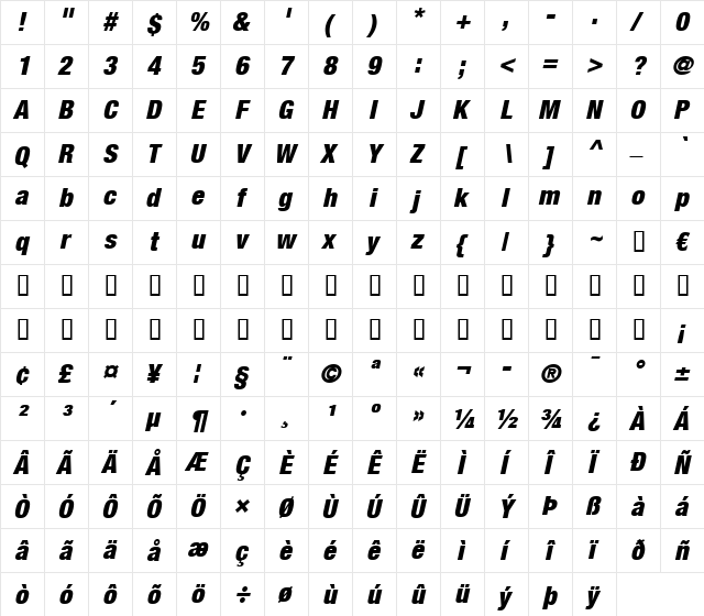 HelveticaNeue LT 97 BlackCn Oblique  glyph index