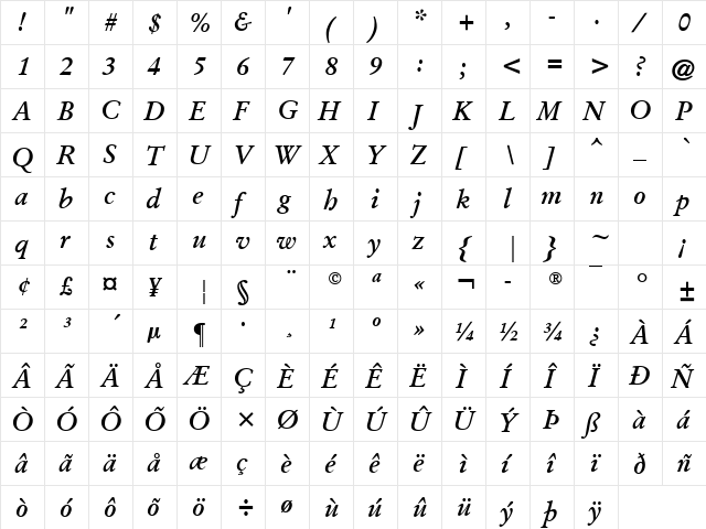 Garamond Kursiv Halbfett  glyph index