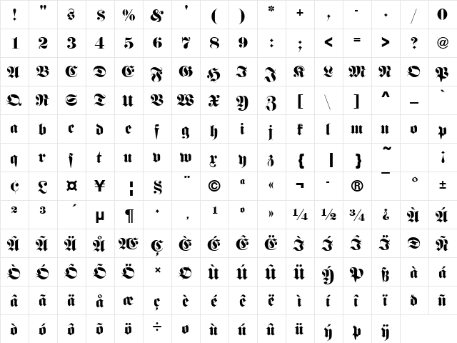 FetteFraD Regular  glyph index