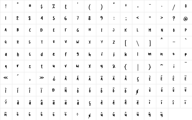 Boldey Typeface Regular  glyph index