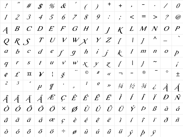 Aurelis ADF Script No2 Std Italic  glyph index