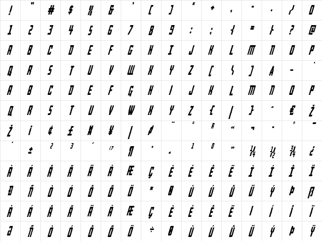 Rockledge Condensed Italic Condensed Italic  glyph index