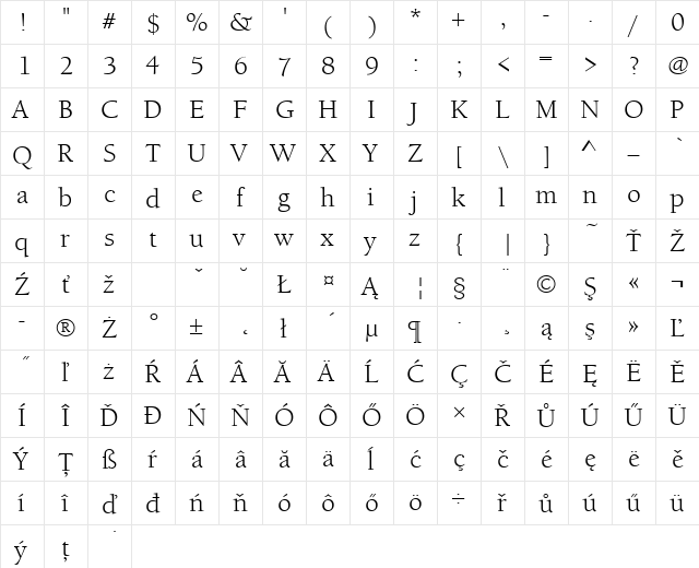 BerkeleyOldStyItcTEE Regular  glyph index