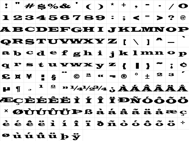 LatinWideExt-Normal Regular  glyph index