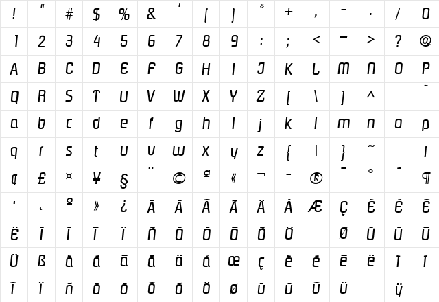 Pasadena Italic  glyph index