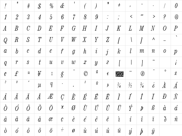 RubyScriptNarrow Regular  glyph index