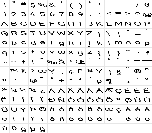 Street - Expanded Reverse Italic  glyph index