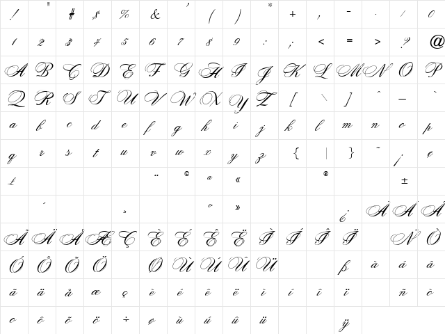 OPTICits Regular  glyph index
