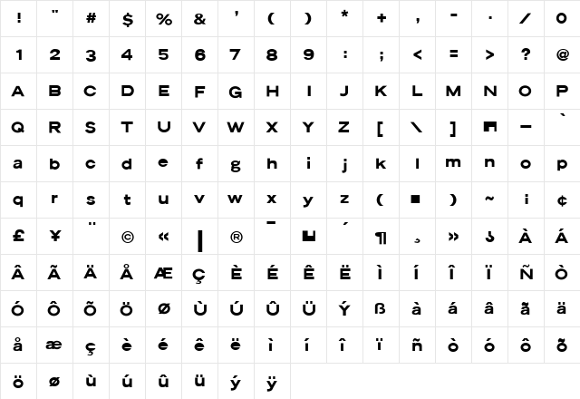 Lunar Regular  glyph index