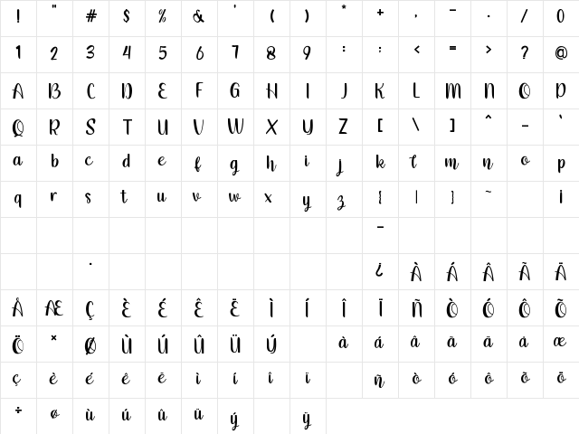Belove Regular  glyph index