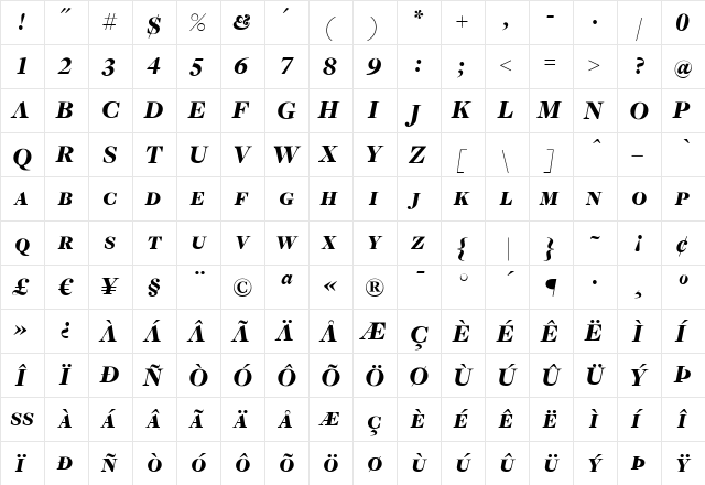 FreightDispBlackItalicSC Regular  glyph index