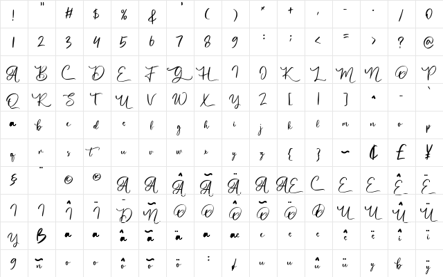 Butgone Regular  glyph index