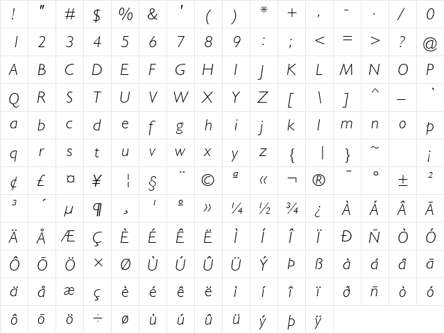 Garrison Light Sans ITALIC  glyph index