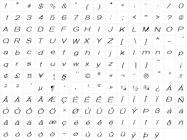 Sage Extended Light Oblique  glyph index