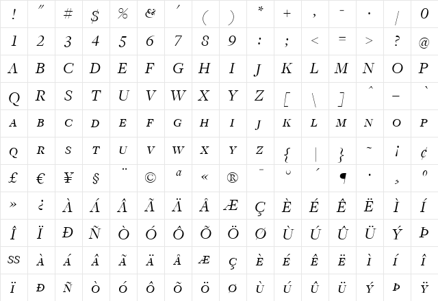 FreightDispBookItalicSC Regular  glyph index