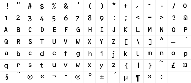 OCRF-RegularOSFC Regular  glyph index