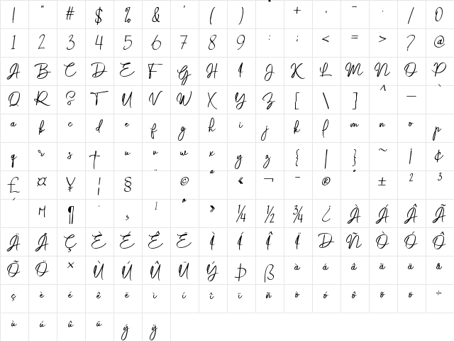 Gabrietha Demo Regular  glyph index
