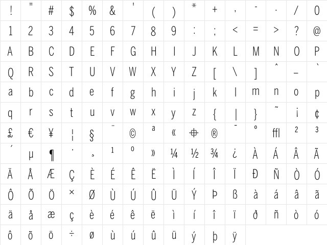 BentonSans ExtraCondensed Light  glyph index