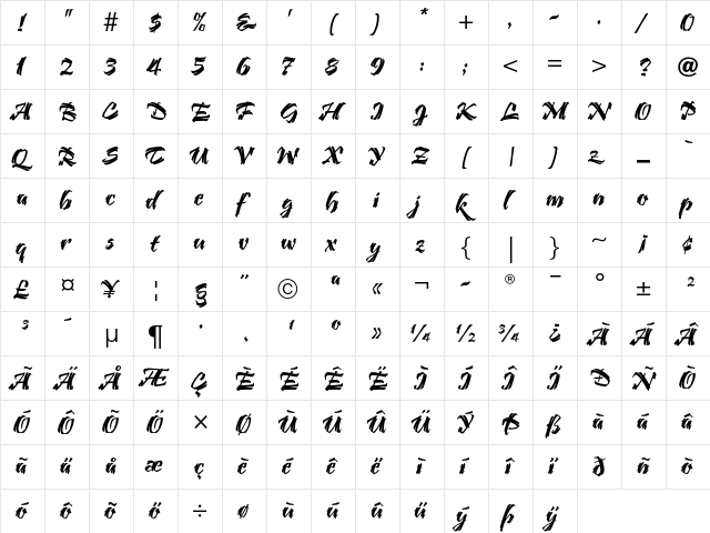 Bendigo LT Std Regular  glyph index