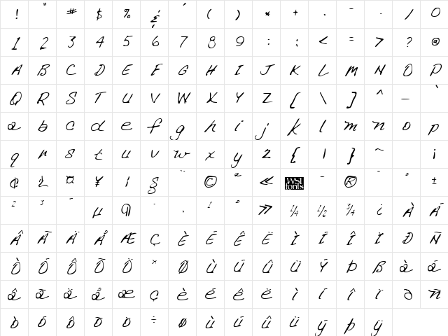 SusansHand Regular  glyph index