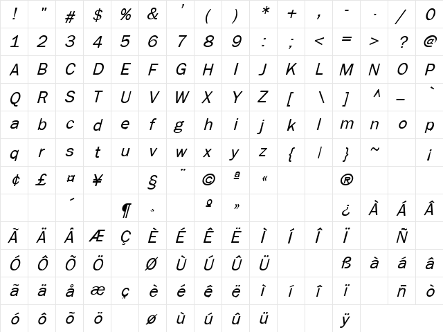 Moby Dick 16 Italic  glyph index