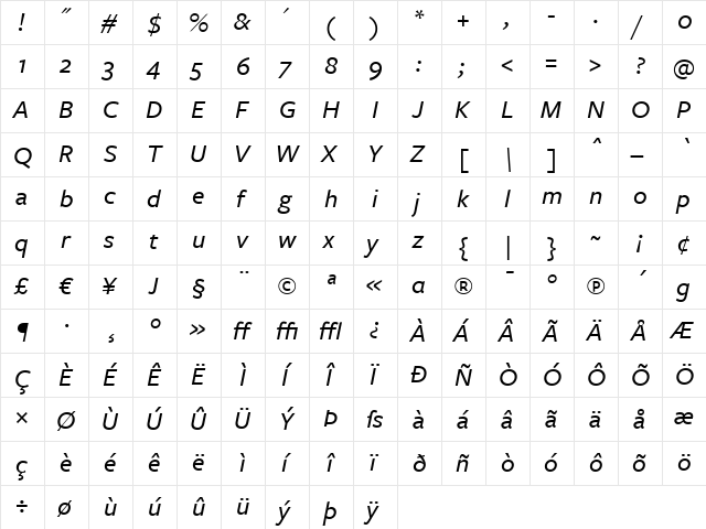 FreightSans MediumItalic  glyph index