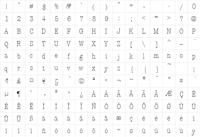 American Typewriter Condensed Light  glyph index