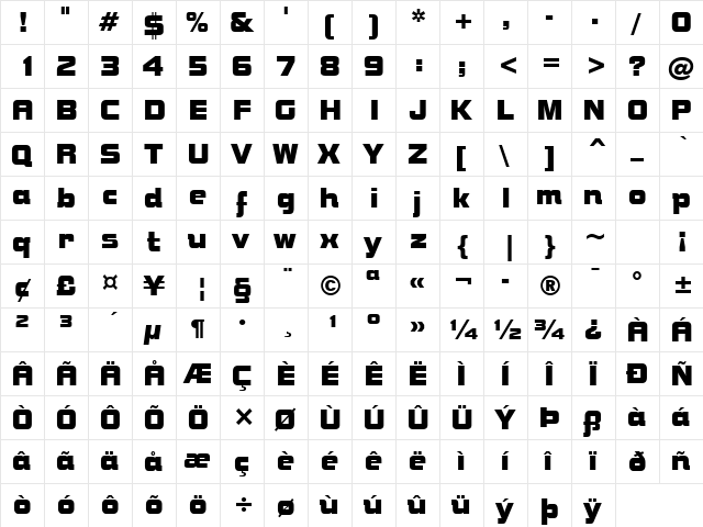 Bolt Bd BT Regular  glyph index