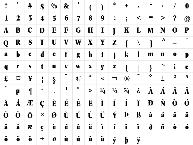 Concorde BE Bold Condensed  glyph index