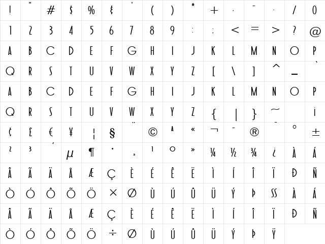 Toasted Vein BTN Regular  glyph index