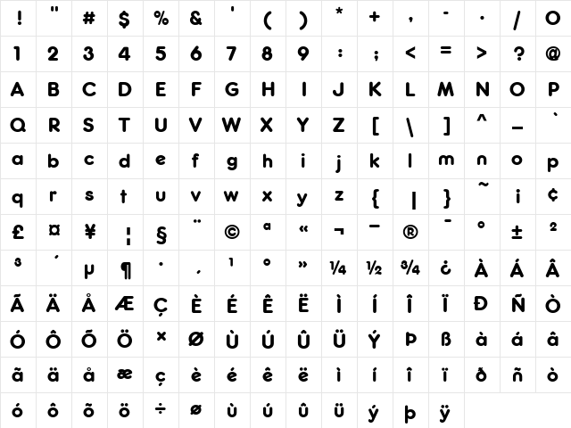 Frankfurter D Regular  glyph index