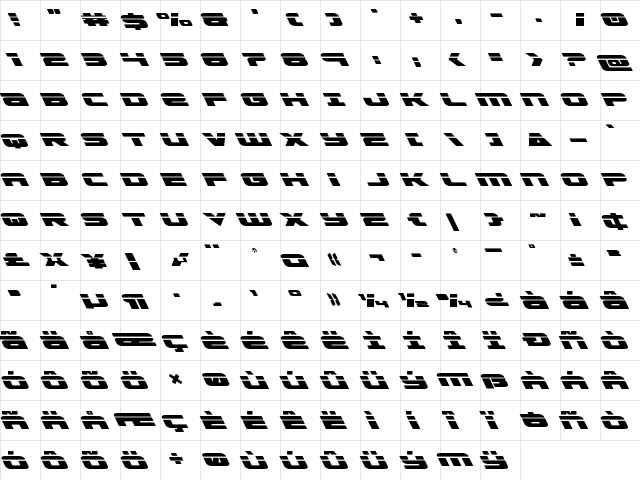 Speed Phreak Leftalic Italic  glyph index