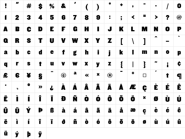 Knockout Medium  glyph index