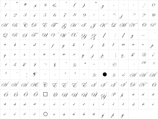 Edwardian Script ITC Regular  glyph index