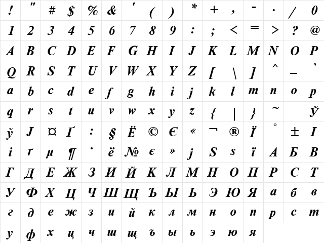 NewtonC Bold Italic  glyph index