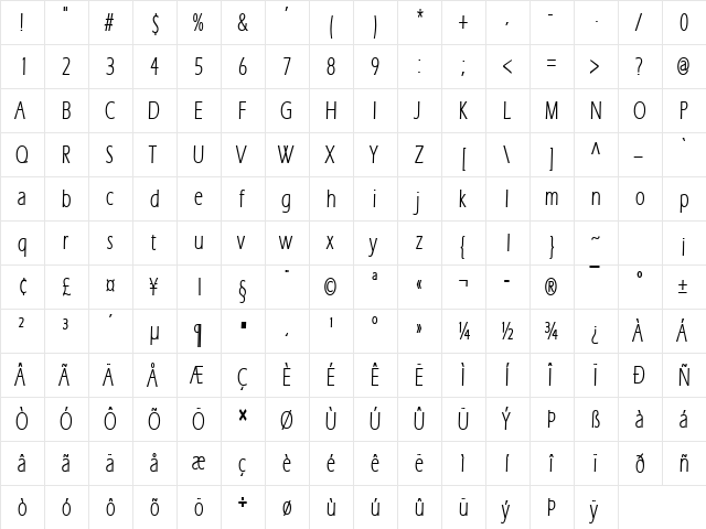 Eric Lite Bold  glyph index
