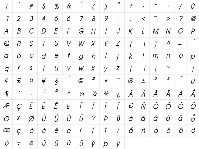 Atilla-Condensed Italic  glyph index