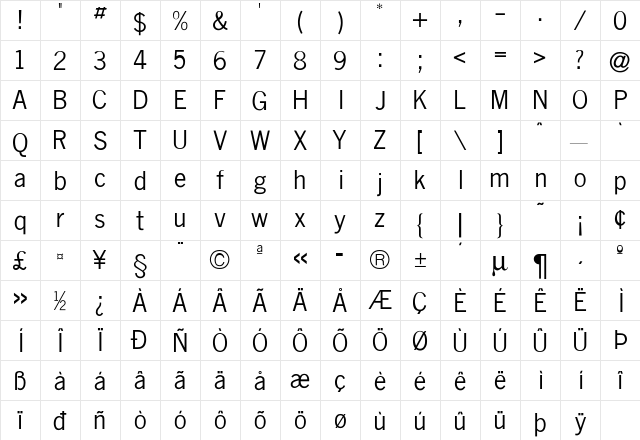 News Regular  glyph index