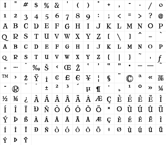 Mary Jane Small Caps Regular  glyph index