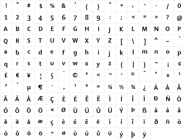 Shaker Regular  glyph index