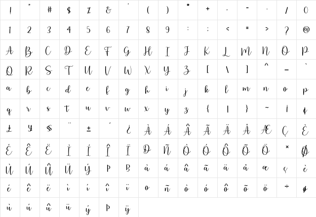 Arbhie Script Regular  glyph index