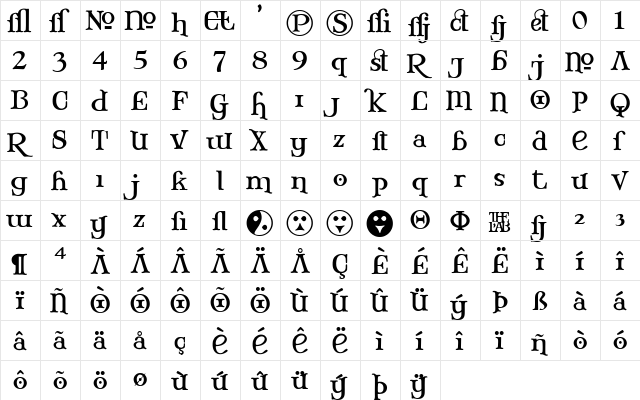 Mary Jane Alternate Regular  glyph index